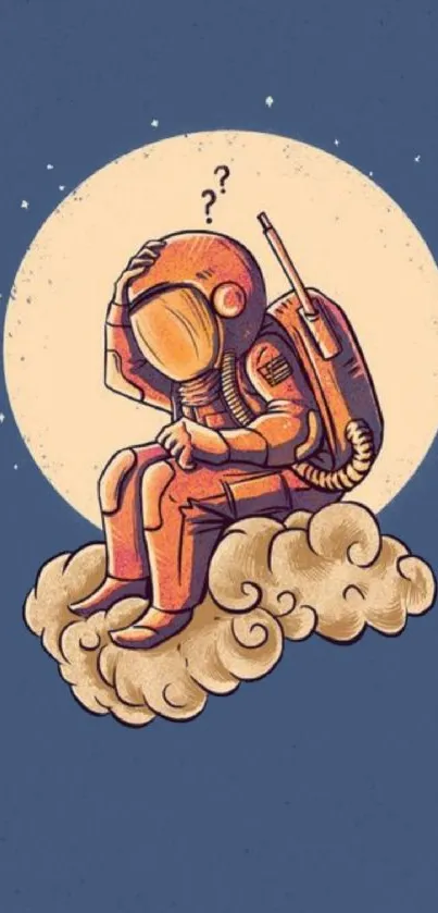 Whimsical astronaut sitting on cloud with dark blue background.