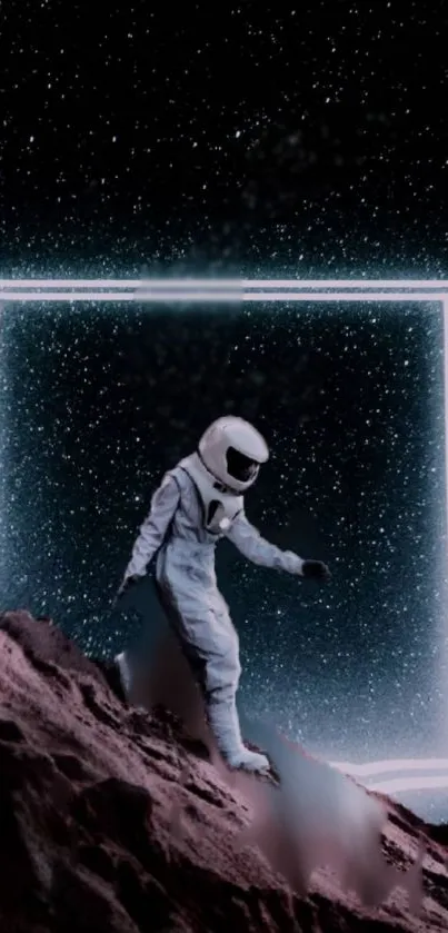 Astronaut exploring a starry cosmic landscape with a neon frame.