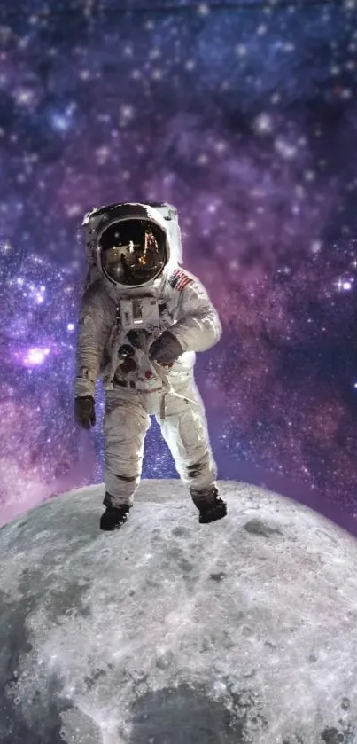 Astronaut standing on moon with starry purple nebula background.