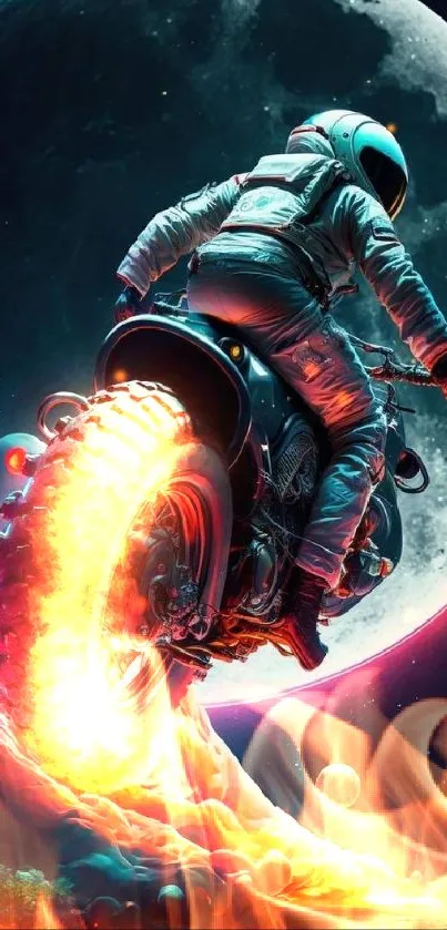 Astronaut on a motorcycle against a giant moon backdrop, cosmic theme.