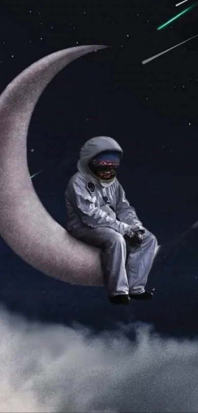 Wallpaper with an astronaut sitting on a crescent moon in a starry night sky.