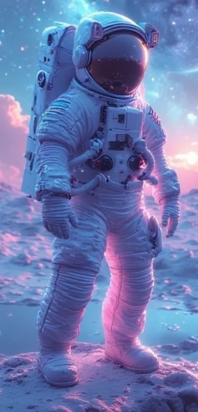 Astronaut on a dreamy pastel moon landscape with cosmic backdrop.