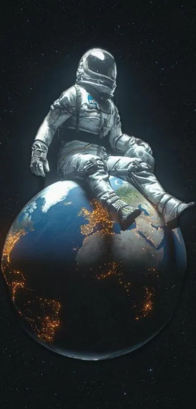 Astronaut sitting on illuminated Earth against a starry black sky.