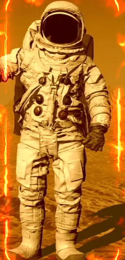 Astronaut on a fiery orange landscape, cosmic wallpaper.