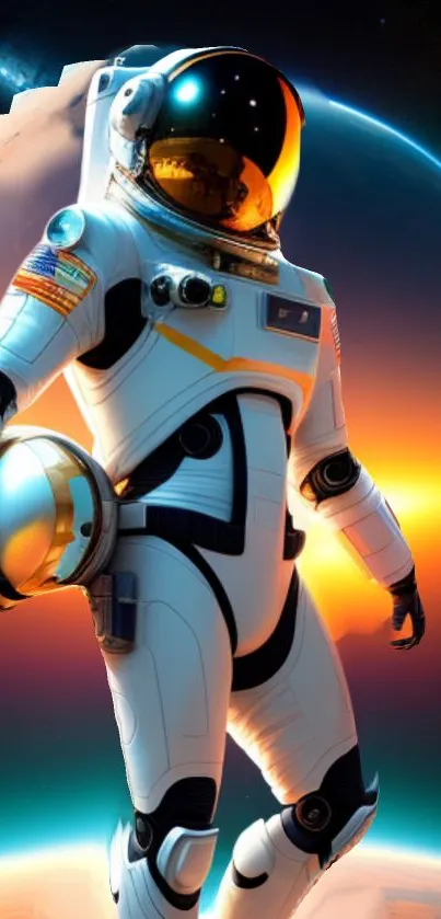 Space scene with astronaut on fiery planet, vibrant orange glow.