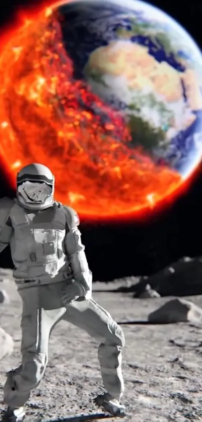 Astronaut poses on a moon surface with a fiery Earth in the sky.