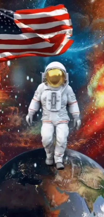 Astronaut walking on Earth with fiery cosmic background.