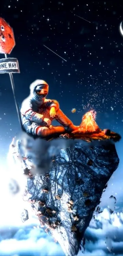 Astronaut sitting by a campfire on a floating rock with a night sky backdrop.