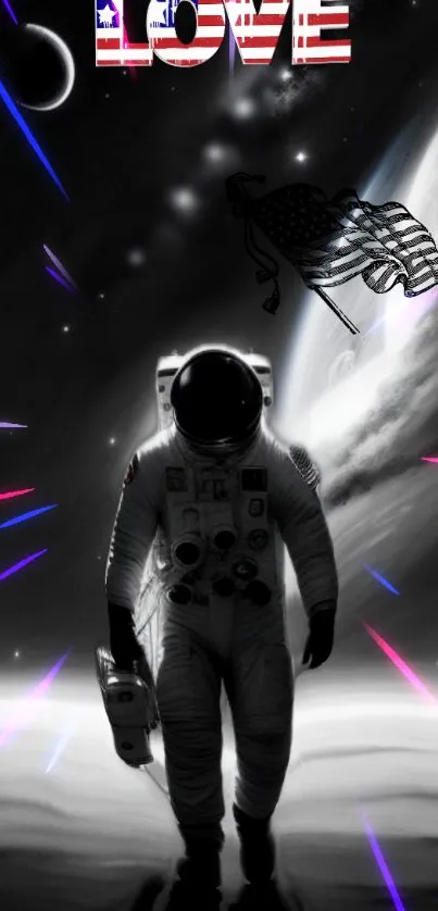 Neon-lit astronaut on moon with flag, cosmic scene.