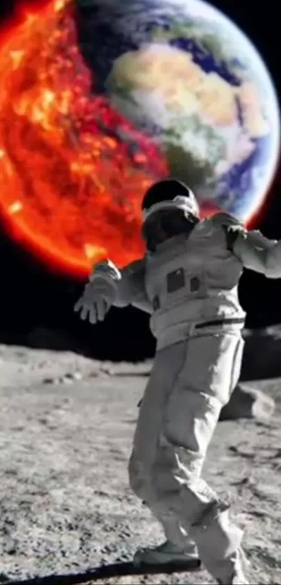 Astronaut dancing on moon with fiery Earth in the background.