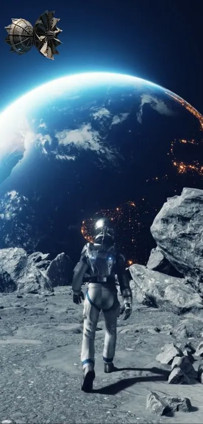 Astronaut walks on moon with Earth in background.