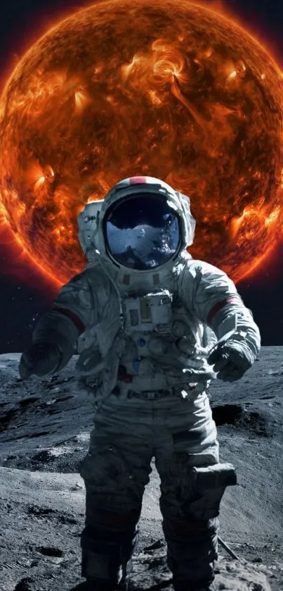 Astronaut on moon with fiery sun in background.