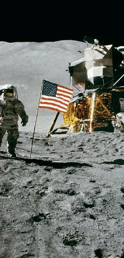 Astronaut on the moon with rocket and flag.