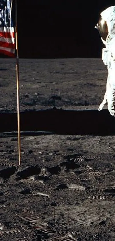 Astronaut standing on the moon with American flag in the background.