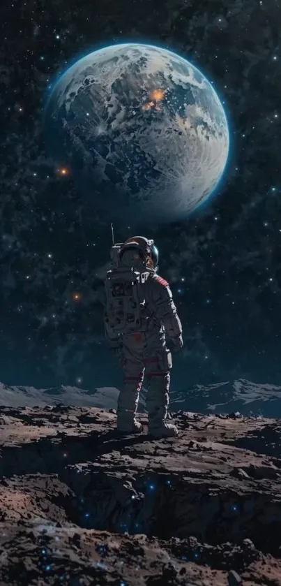 Astronaut standing on the Moon gazing at Earth in a starry sky.