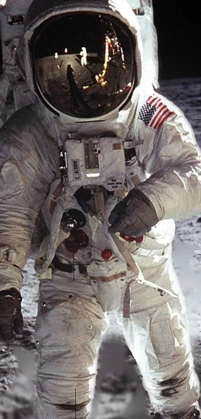 Astronaut in space suit walking on moon's surface during lunar exploration mission.