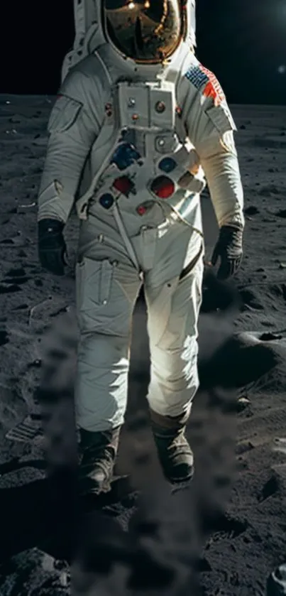 Astronaut standing on the moon in iconic space suit under moonlit sky.