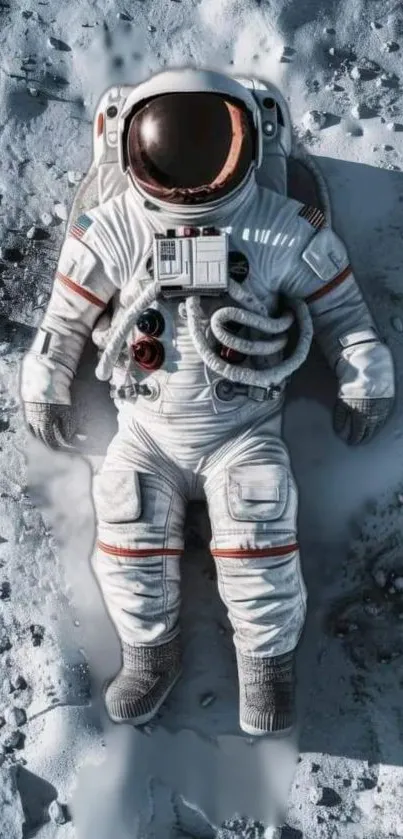 Astronaut in suit lies on moon-like grey terrain.