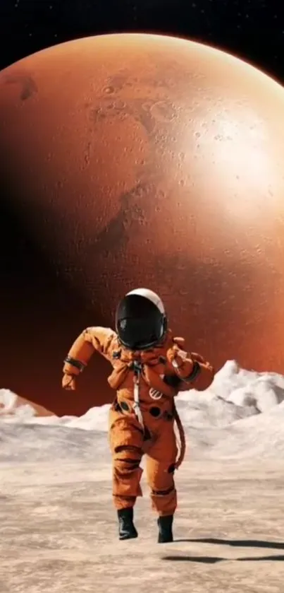 Astronaut walking on Mars with red planet background.