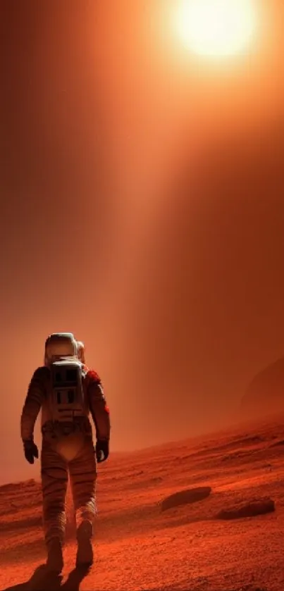 Astronaut walking on Mars under bright sun.