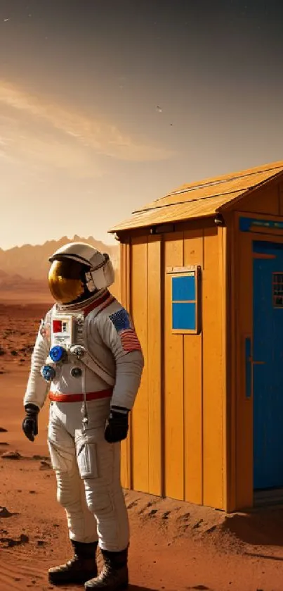 Astronaut on Martian desert beside orange shelter.