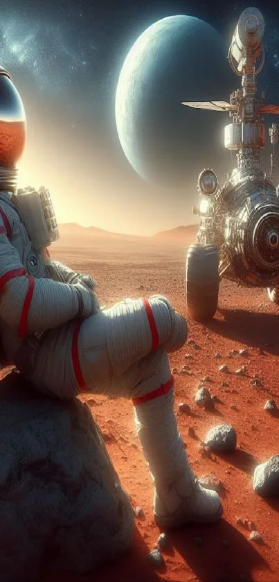 Astronaut sitting on Mars with rover and planet in background.