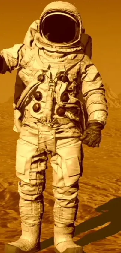 Astronaut standing on Mars with a dramatic orangish-red sky.