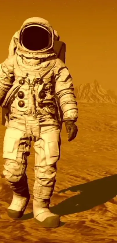 Astronaut standing on the surface of Mars with rocky terrain in the background.