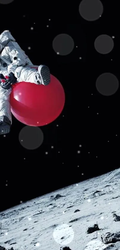 Astronaut on a red balloon above the moon's surface, set against a starry backdrop.