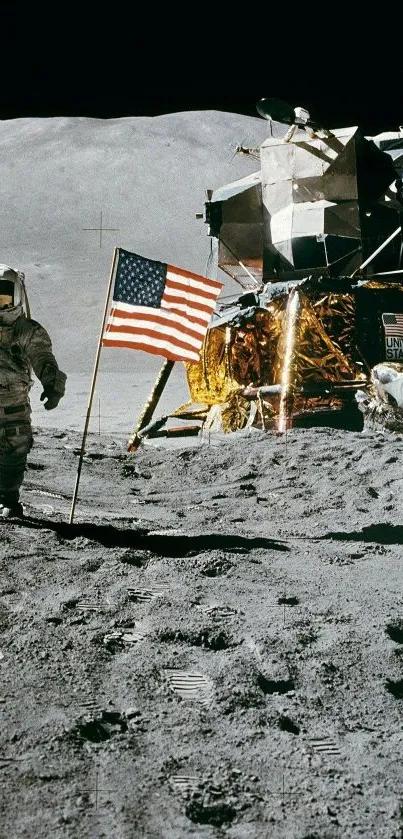 Astronaut on the lunar surface with an American flag beside a moon lander.