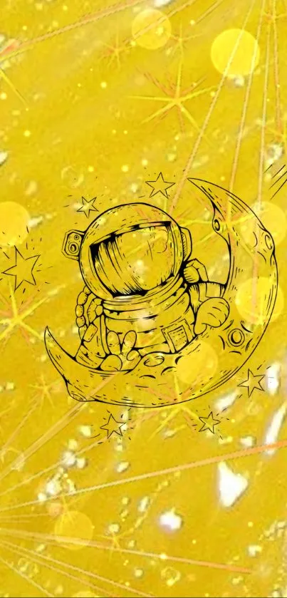 Yellow wallpaper with astronaut on a crescent moon.