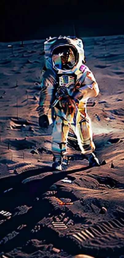 Astronaut walking on the moon with a dark sky.