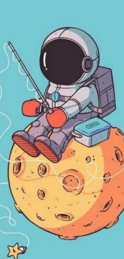 Cute astronaut fishing on a moon in a whimsical mobile wallpaper.