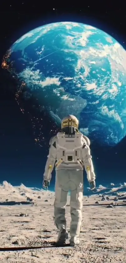 Astronaut standing on moon, Earth in view.