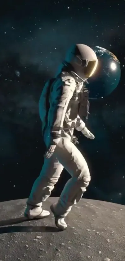 Astronaut walking on moon with starry space background.