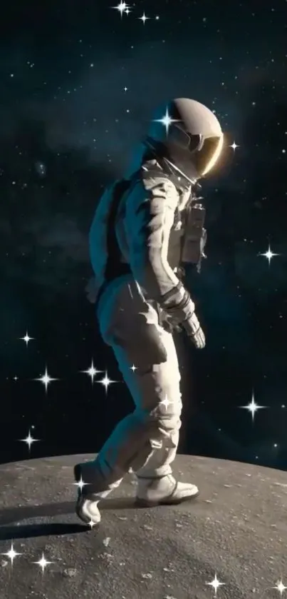 Astronaut standing on the moon in a starry space scene.