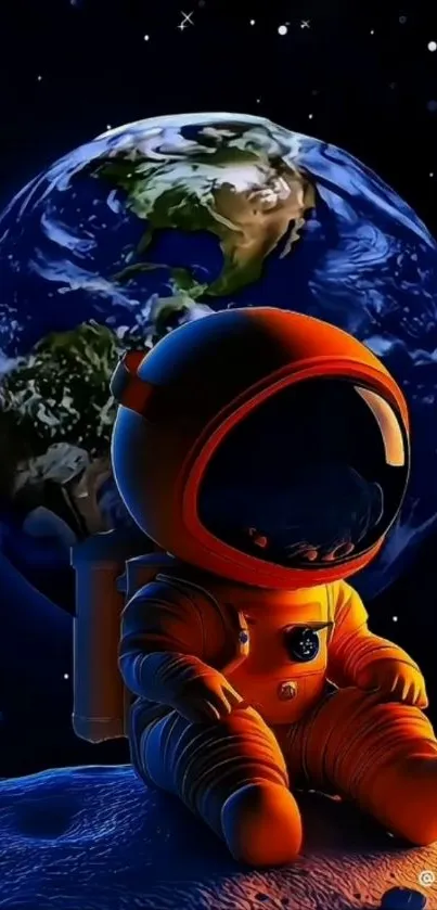 Astronaut on moon with Earth in background.