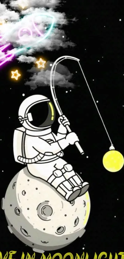 Whimsical astronaut fishing on the moon with neon stars against a black background.