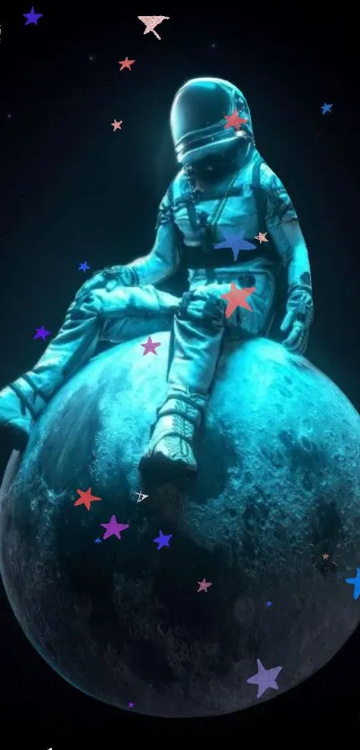 Astronaut sitting on the moon surrounded by colorful stars.