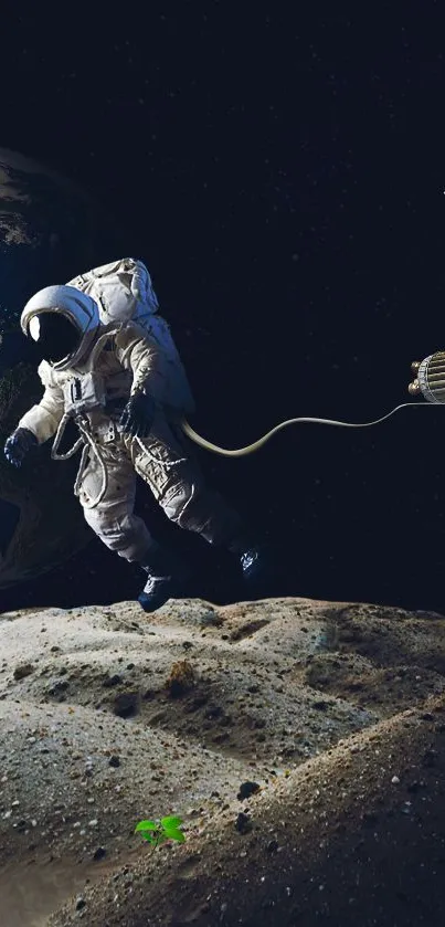 Astronaut walking on moon with Earth in the background.