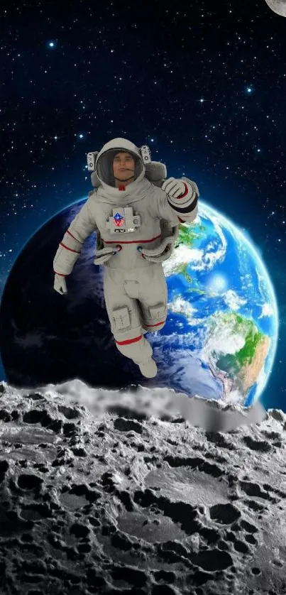 Astronaut exploring the moon with Earth visible in the starry background.