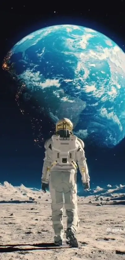 Astronaut gazes at Earth from moon.