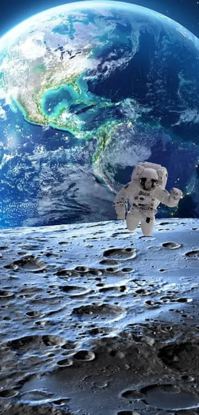 Astronaut stands on moon with Earth view