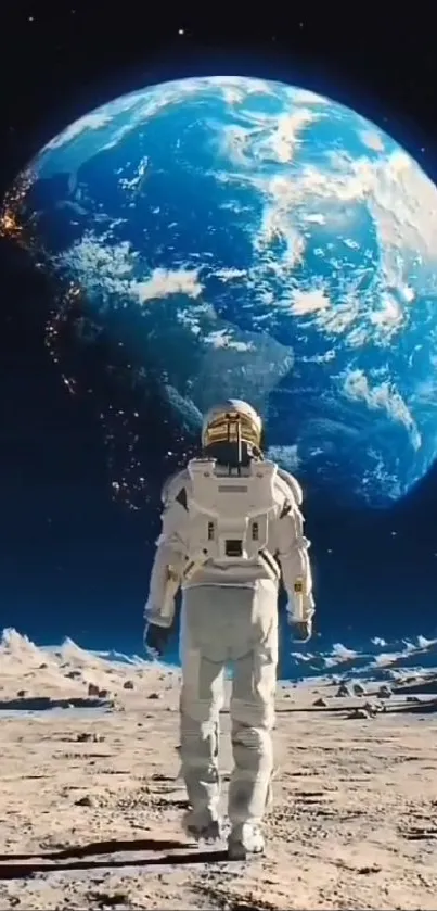 Astronaut on the lunar surface gazing at Earth in space.