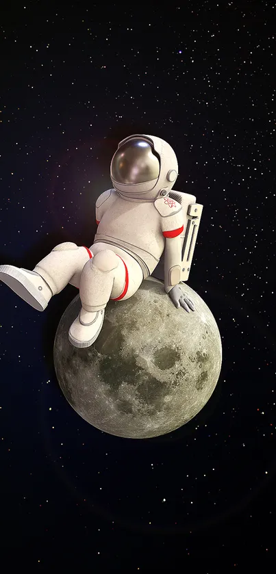 Astronaut sitting on a moon with starry background wallpaper.