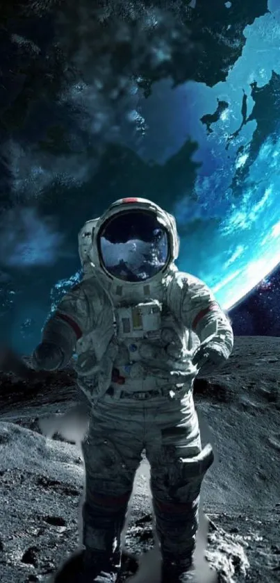 Astronaut stands on moon against a cosmic blue background.