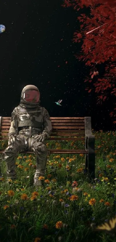 Astronaut sitting on bench in surreal garden with red leaves.