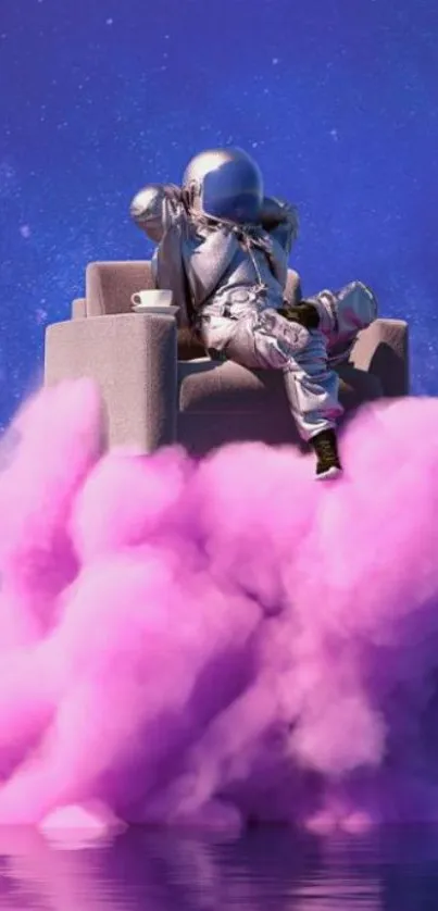 Astronaut relaxing on pink cloud against a cosmic purple background.