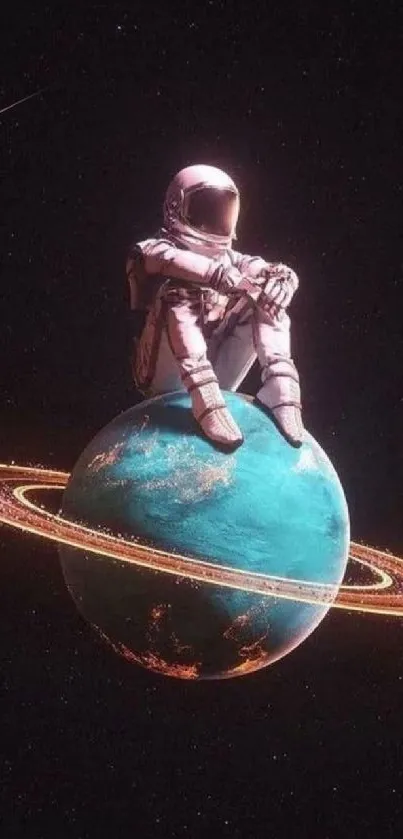 Astronaut sitting on a ringed planet against a starry black backdrop.