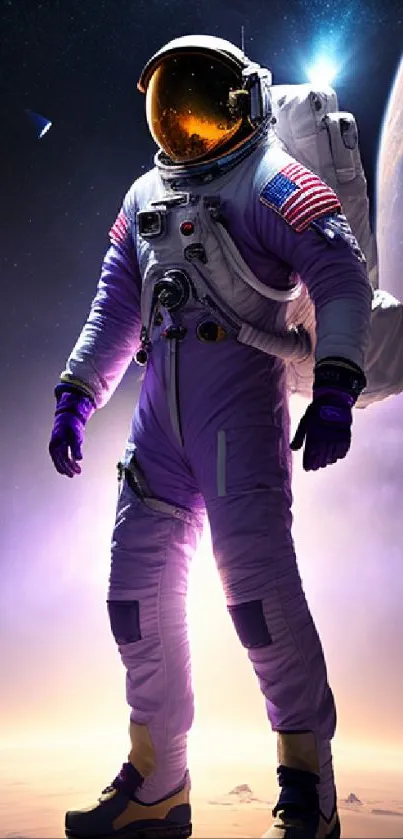 Astronaut standing on a purple-lit planet surface in space.